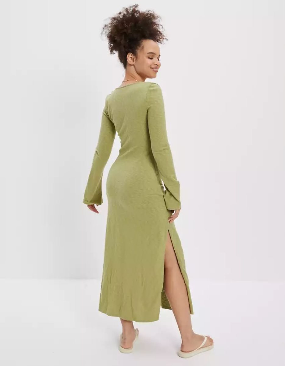 Robe Mi-longue American Eagle AE Knit Bell Sleeve Vert Femme | FFI-00802543